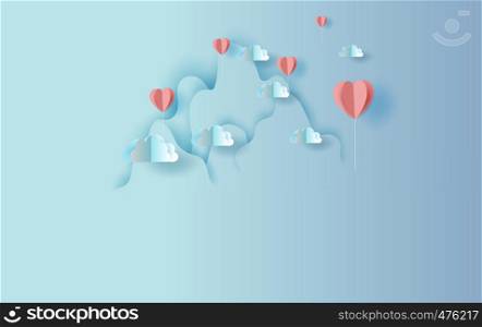 illustration of Origami red balloons heart shape floating with Mountains landscape view scene place for your love text space background.Valentine's day concept.Design Paper cut and craft style vector