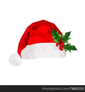 Illustration of origami santa hat with holly leaves