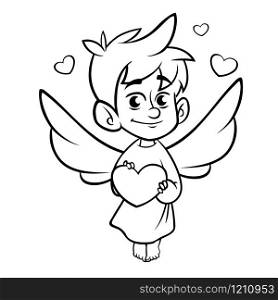 Illustration of outlined baby cupid hugging a heart . Cartoon coloring illustration of Cupid character for St Valentine&rsquo;s Day isolated on white