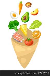 Illustration of package with food. Healthy eating and diet meal. Fruits, vegetables and proteins for proper nutrition. Production and cooking.. Illustration of package with food. Healthy eating and diet meal. Fruits, vegetables and proteins for proper nutrition.