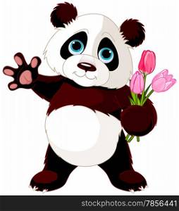 Illustration of Panda holding bouquet of tulips
