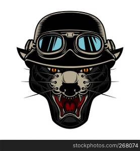 Illustration of pantera head in biker helmet. Design element for logo, label, emblem, sign, poster, t shirt. Vector image