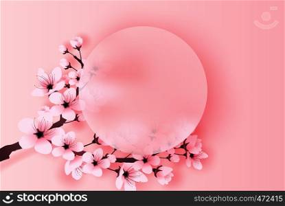 illustration of paper art and craft circle border spring season cherry blossom concept,Springtime with sakura branch, Floral Cherry blossom with pink flowers on place text space background,vector.