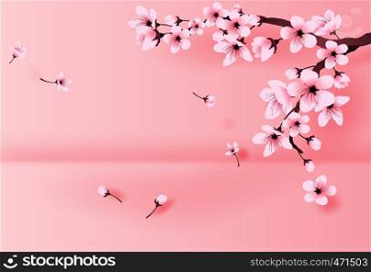 illustration of paper art and craft spring season landscape by cherry blossom concept,Springtime with sakura branch, Floral Cherry blossom with place text space background,Paper cut idea vector.