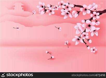 illustration of paper art and craft spring season temple on mountain by cherry blossom concept,Springtime with sakura branch, Floral Cherry blossom with landscape place text space background,vector.