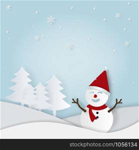 Illustration of Paper art and Craft style, Snowman in pine forest with snowfall, Welcome winter season, I love winter