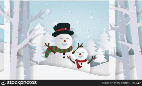Illustration of Paper art and Craft style, Snowman in pine forest with snowfall, Welcome winter season, I love winter