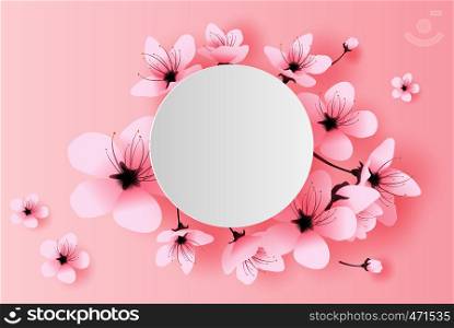 illustration of paper art and craft white circle spring season cherry blossom concept,Springtime with sakura branch, Floral Cherry blossom with pink flowers on place text space background,vector.