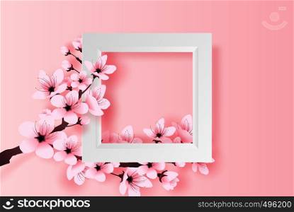 illustration of paper art and craft white frame spring season cherry blossom concept,Springtime with sakura branch, Floral Cherry blossom with pink flowers on place text space pink background,vector.