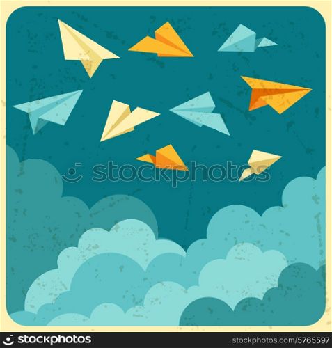 Illustration of paper planes on the sky with clouds.