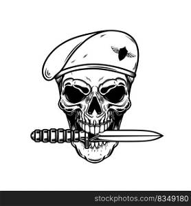 Illustration of paratrooper skull with knife in teeth. Design element for logo, label, sign, emblem. Vector illustration