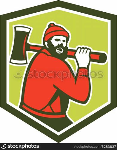 Illustration of Paul Bunyan a lumberjack sawyer forest worker carrying an axe set inside shield crest shape done in retro style on isolated background.