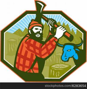 Illustration of Paul Bunyan a lumberjack sawyer forest worker swinging an axe with tree stumps and Babe the blue ox bull cow in background set inside hexagon done in retro style. Paul Bunyan LumberJack Axe Blue Ox
