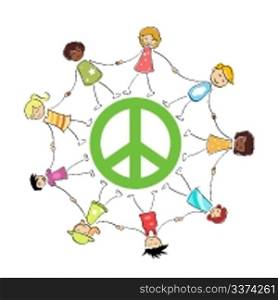 illustration of peace sign with kids on white background