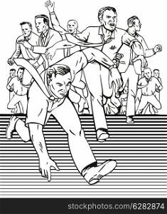 Illustration of people businessman mob running done in black and white set in white background done in retro style. . People Running