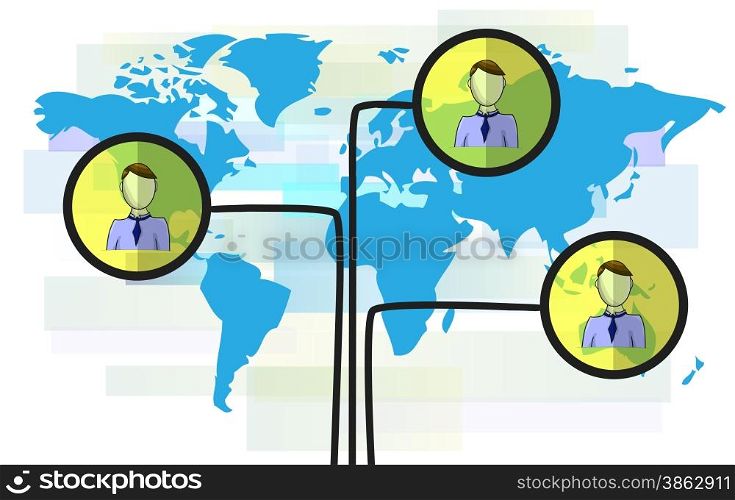 Illustration of persons on blue world map isolated on white background