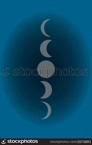 Illustration of phases of the moon made by ink points on dark-blue night sky with thousands of stars