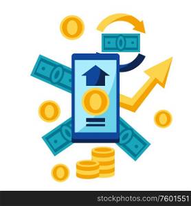 Illustration of phone and money. Banking concept with finance items.. Illustration of phone and money.