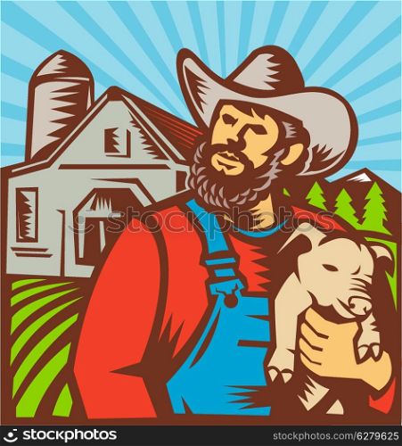 Illustration of pig farmer with piglet facing front with farmhouse barn building in background done in retro woodcut style.