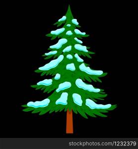 Illustration of pine tree with snow in cartoon style isolated on white background. Design element for poster, banner, card, emblem. Vector illustration