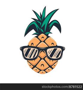 Illustration of pineapple in sunglasses. For t shirt, poster, card, banner, logo. Vector illustration