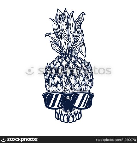 Illustration of pineapple skull in sunglasses. Design element for poster, card, banner. Vector illustration