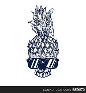 Illustration of pineapple skull in sunglasses. Design element for poster, card, banner. Vector illustration