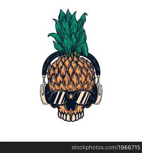 Illustration of pineapple skull with headphones. Design element for logo, label, sign, poster, card. Vector illustration
