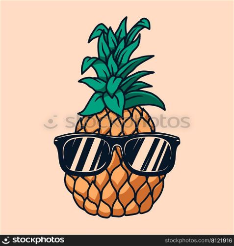 Illustration of pineapple with sunglasses in engraving style. Design element for poster, card, banner, sign. Vector illustration