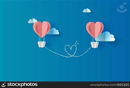 illustration of pink balloons heart floating with skyscape view scene place for your love text space blue background.Valentine's day drawing line heart concept.Summer.Paper cut and craft style vector