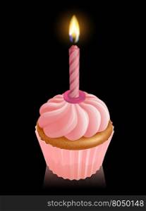 Illustration of pink fairy cake cupcake with lit birthday candle