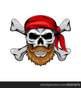 Illustration of pirate human skull mascot character with crossed bones. Pirate skull graphic character