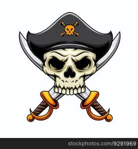 Illustration of pirate human skull mascot character with crossed swords. Pirate skull graphic character
