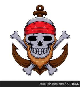 Illustration of pirate human skull mascot character with wings and headband. Pirate skull graphic character