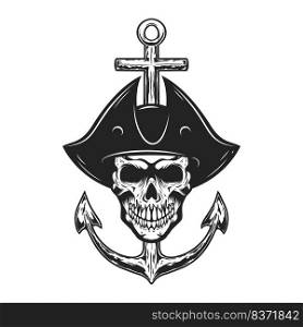 Illustration of pirate skull with anchor. Design element for logo, label, sign, emblem. Vector illustration