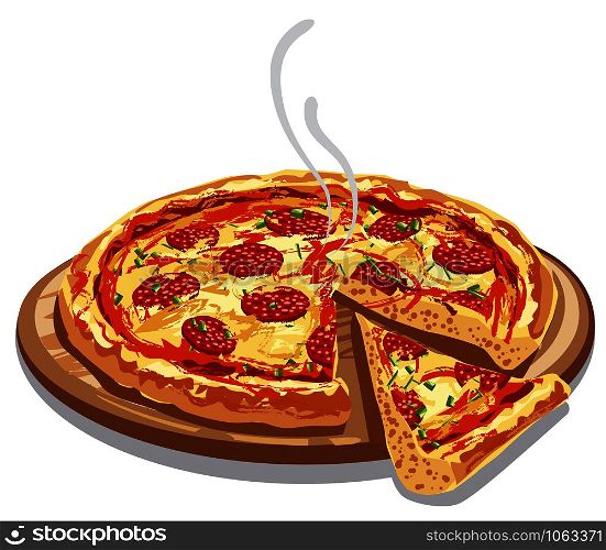 illustration of pizza salami on wood board. pizza salami on wood board