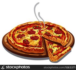 illustration of pizza salami on wood board. pizza salami on wood board