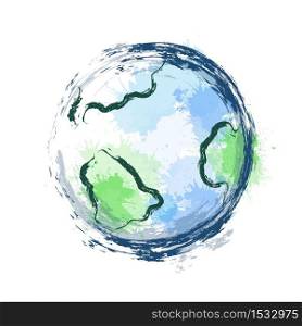 Illustration of planet earth with watercolor splashes and ink strokes on white background. The object is separate from the background. Vector element for your creativity. Illustration of planet earth with watercolor splashes and ink strokes on white background.