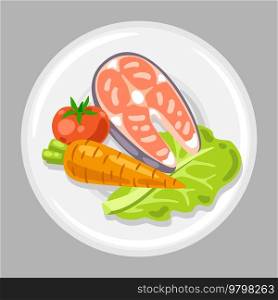 Illustration of plate with food. Healthy eating and diet meal. Fruits, vegetables and proteins for proper nutrition. Production and cooking.. Illustration of plate with food. Healthy eating and diet meal. Fruits, vegetables and proteins for proper nutrition.