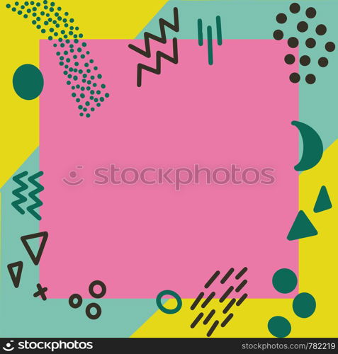 Illustration of pop art retro style background. Turquoise and yellow geometric shapes background. Pink square frame in centre. . Turquoise and yellow geometric shapes background. Pink square frame in centre.