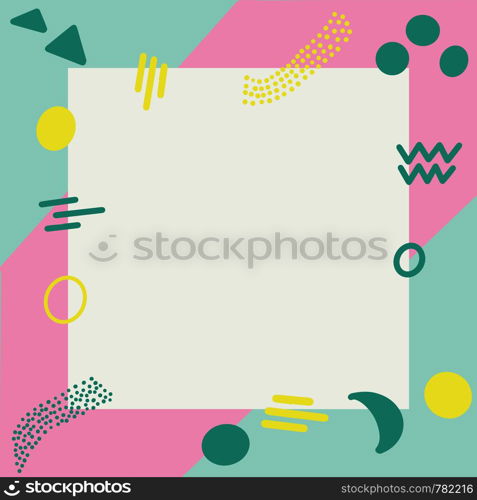 Illustration of pop art retro style background with summer pink turquoise colours. White square frame in centre. Pink and yellow geometric shapes, dots on turquoise background. White square frame in centre