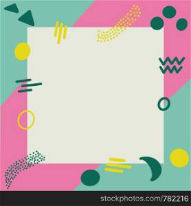 Illustration of pop art retro style background with summer pink turquoise colours. White square frame in centre. Pink and yellow geometric shapes, dots on turquoise background. White square frame in centre