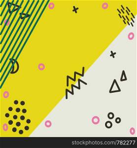 Illustration of pop art retro style background with summer pink turquoise colours. Brown and green shapes on yellow background. Brown and green shapes on yellow background