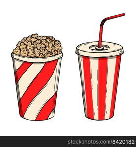 Illustration of popcorn and soda. Design element for poster, card, banner, menu. Vector illustration