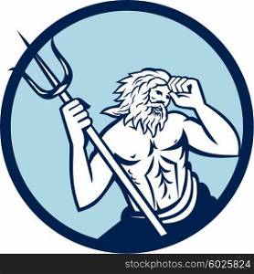 Illustration of poseidon god of the sea holding trident viewed from front set inside circle on isolated background done in retro style. . Poseidon Trident Circle Retro