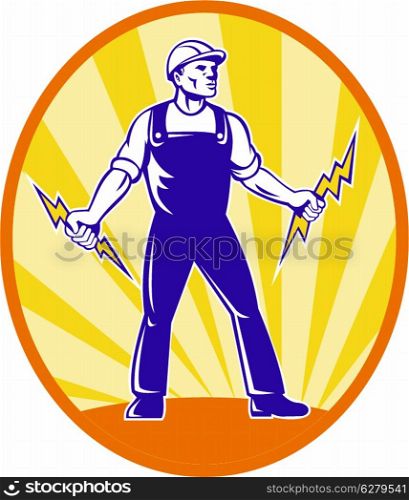 Illustration of power lineman electrician repairman worker holding electric lightning bolt viewed from front with sunburst in background set inside ellipse done in retro style.&#xA;
