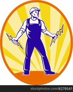 Illustration of power lineman electrician repairman worker holding electric lightning bolt viewed from front with sunburst in background set inside ellipse done in retro style.&#xA;