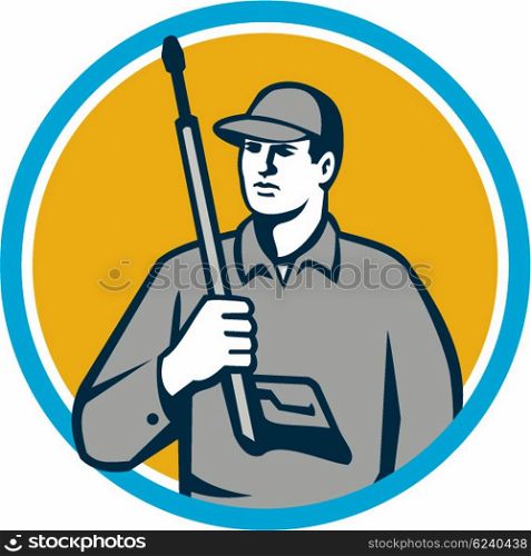 Illustration of power washer worker holding pressure washing gun on shoulder looking to the side viewed from front set inside circle on isolated background done in retro style. . Power Washer Pressure Washing Gun Circle Retro