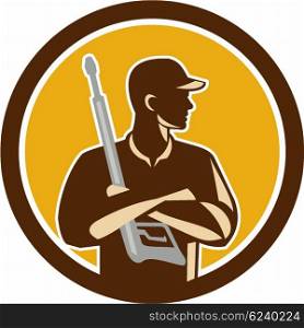 Illustration of power washer worker with arms crossed holding pressure washing gun looking to the side viewed from front set inside circle on isolated background done in retro style. . Power Washer Arms Crossed Pressure Washing Gun Circle Retro