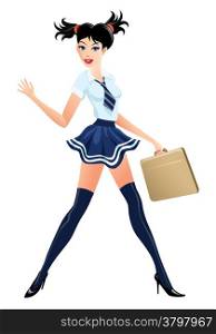 Illustration of pretty young girl in high school uniform with brief case drawn in cartoon style